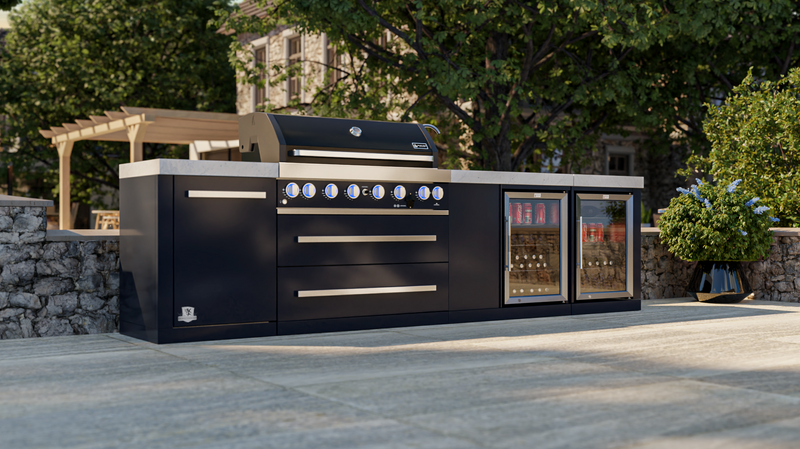 Mont Alpi Outdoor Kitchen Black, 6 Burner, Fridge, Sink and Weather Cover - 3.4m