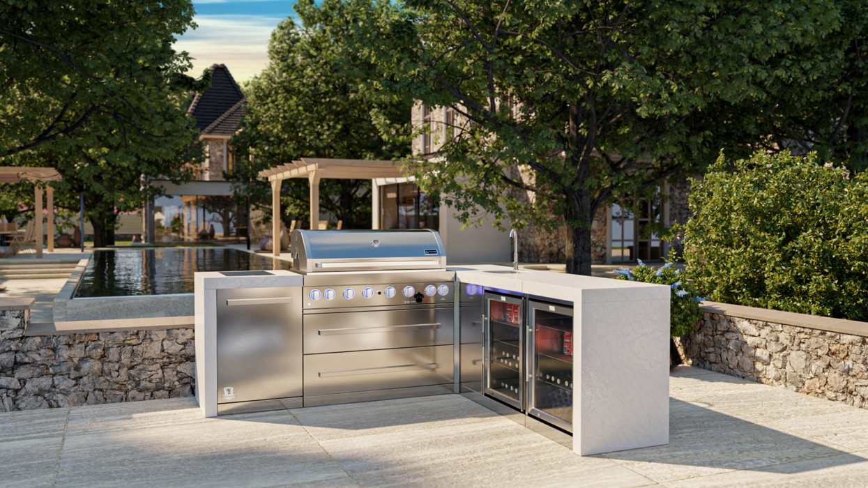 Mont Alpi Outdoor kitchen 805 Deluxe BBQ Grill Island with 90 Degree Corner Beverage Center & Fridge - MAi805-D90BEVFC