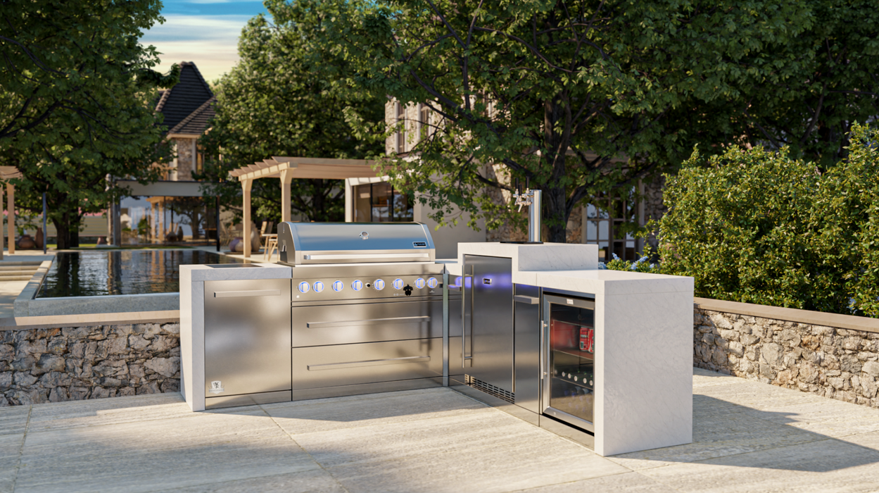 Mont Alpi Outdoor kitchen 805 Deluxe BBQ Grill Island with 90 Degree Corner, Kegerator & Fridge Cabinet - MAi805-D90KEGFC