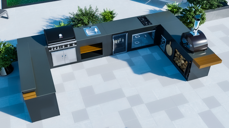 Grillandia Outdoor kitchen U shape, Big Green Egg and Entertainment Center 3m x 5m X 3m