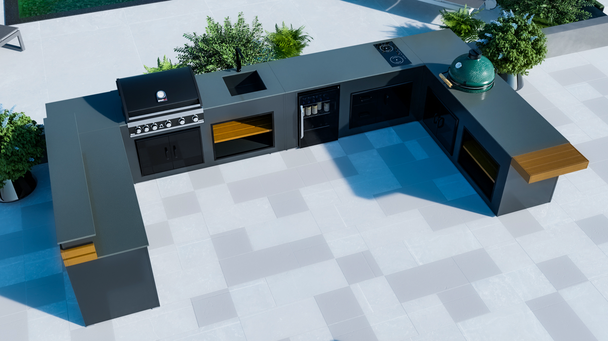 Outdoor kitchen Well Done U shape + Big Green Egg + Entertainment Center 3M x 5M X 3M