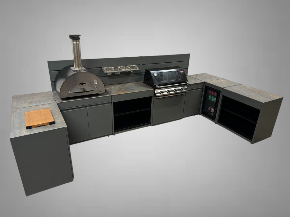 Vision Outdoor Kitchen U Shape Fridge Pizza Oven, Kamado, and Barbecue Grill