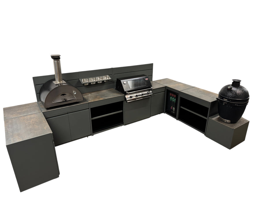 Vision Outdoor Kitchen U Shape Fridge Pizza Oven, Kamado, and Barbecue Grill