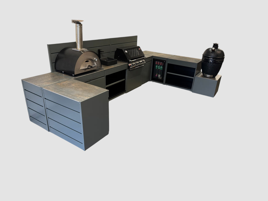 Vision Outdoor Kitchen U Shape Fridge Pizza Oven, Kamado, and Barbecue Grill