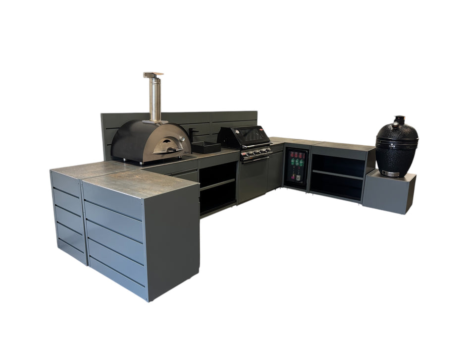 Vision Outdoor Kitchen U Shape Fridge Pizza Oven, Kamado, and Barbecue Grill