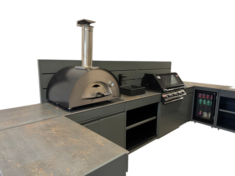 Vision Outdoor Kitchen U Shape Fridge Pizza Oven, Kamado, and Barbecue Grill