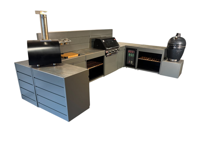 Vision Outdoor Kitchen U Shape Fridge Pizza Oven, Kamado, and Barbecue Grill