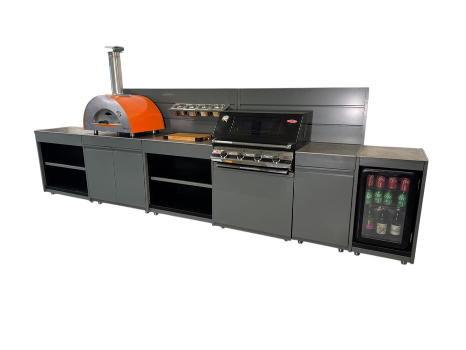 Vision Outdoor Kitchen with Fridge, Pizza Oven, Kamado, and Barbecue Grill