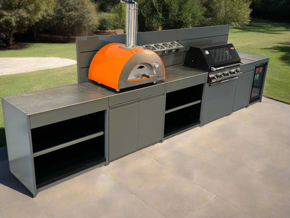 Vision Outdoor Kitchen with Fridge, Pizza Oven, Kamado, and Barbecue Grill