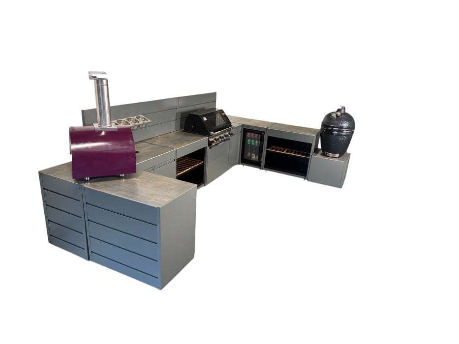 Vision Outdoor Kitchen U Shape Fridge Pizza Oven, Kamado, and Barbecue Grill