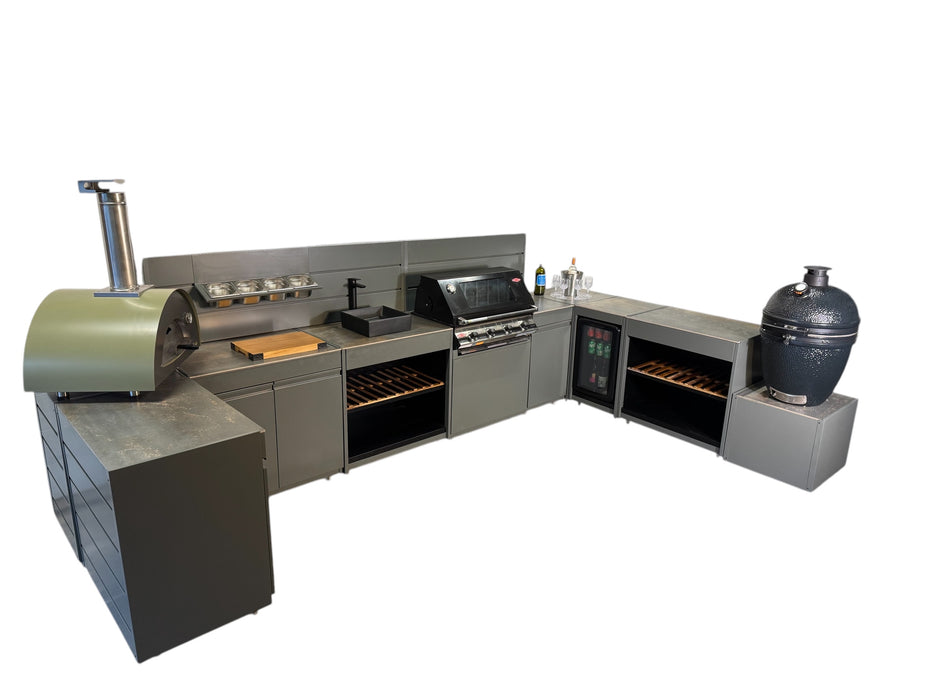 Vision Outdoor Kitchen U Shape Fridge Pizza Oven, Kamado, and Barbecue Grill