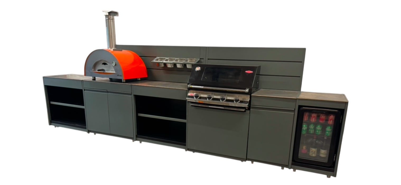 Vision Outdoor Kitchen with Fridge, Pizza Oven, Kamado, and Barbecue Grill