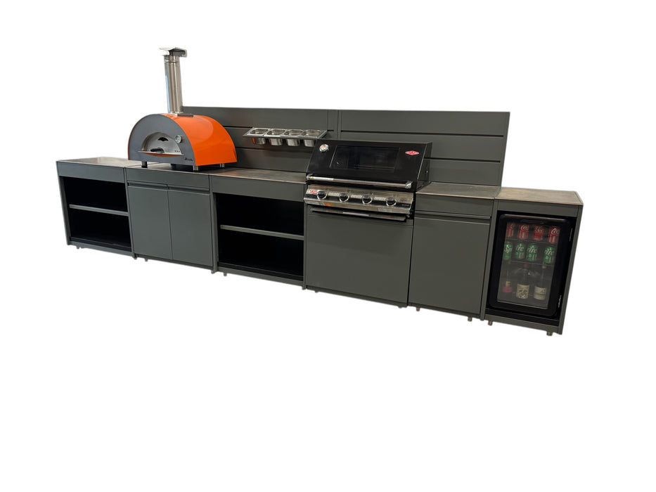 Vision Outdoor Kitchen with Fridge, Pizza Oven, Kamado, and Barbecue Grill