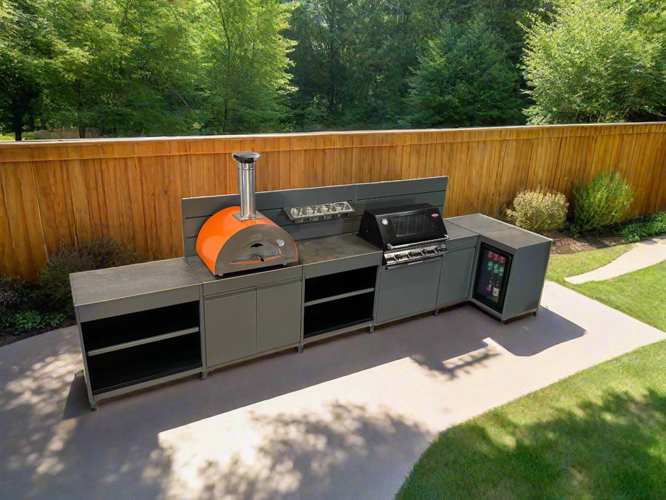 Vision Outdoor Kitchen L Shape Fridge, Pizza Oven, Kamado, and Barbecue Grill