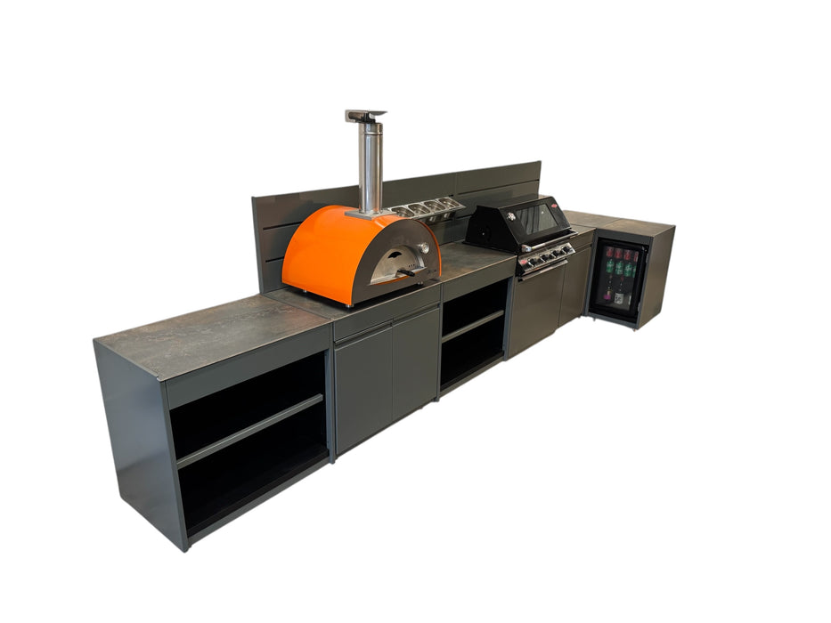 Vision Outdoor Kitchen L Shape Fridge, Pizza Oven, Kamado, and Barbecue Grill