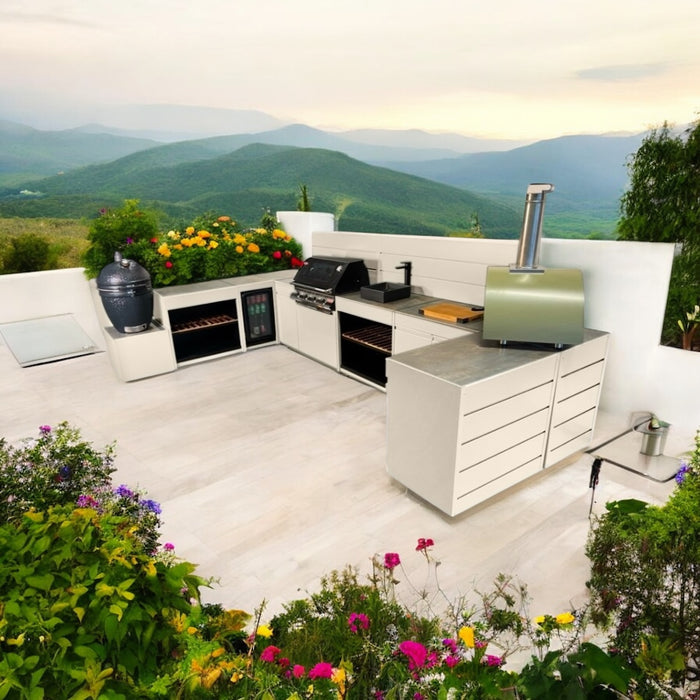 Vision Outdoor Kitchen U Shape Fridge Pizza Oven, Kamado, and Barbecue Grill