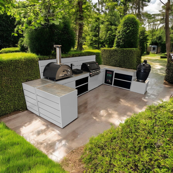 Vision Outdoor Kitchen U Shape Fridge Pizza Oven, Kamado, and Barbecue Grill