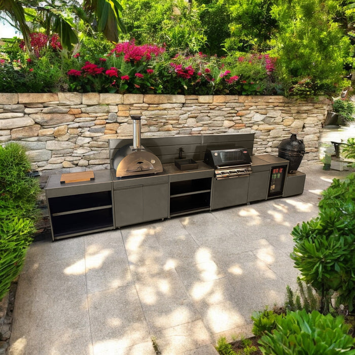 Vision Outdoor Kitchen with Fridge, Sink, Pizza Oven, Kamado, and Barbecue Grill