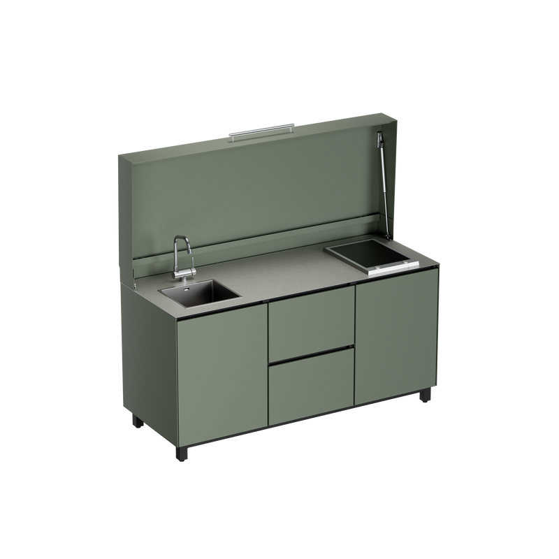 Hoppilif Outdoor Kitchen | Full lid 2 Burner Hod & Folding Tap and Sink – Olive Green (1.8m)
