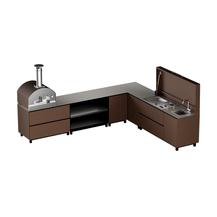 Hoppilif Outdoor Kitchen | L-Shape with Pizza Oven, Plancha Grill & Sink – Oxide Brown (3.6m x 2.8m)