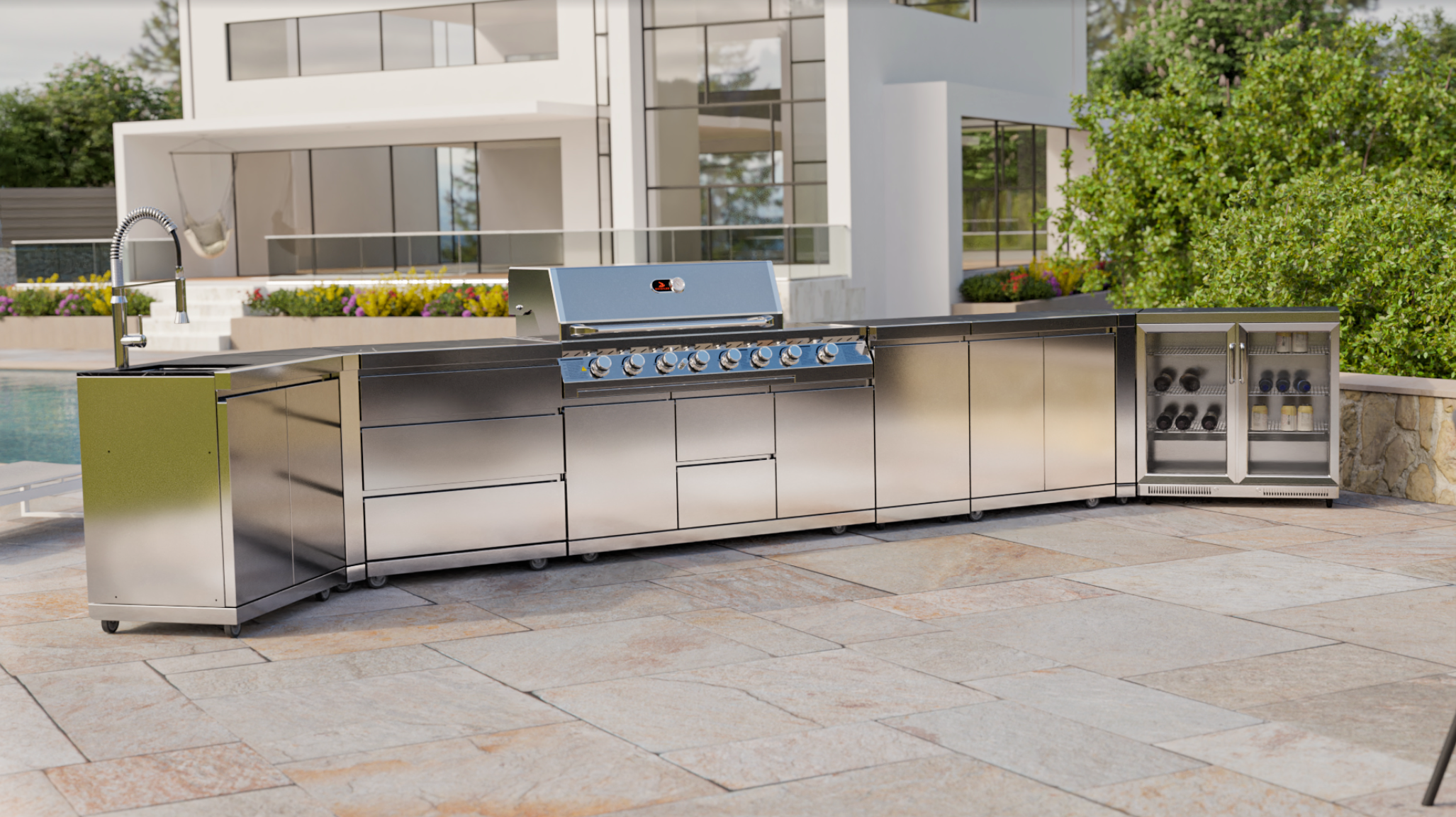 Whistler Cirencester Outdoor Kitchen 6 Burner BBQ, Sink and Fridge Stanton and Piero  Pizza oven