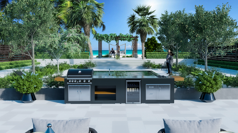 Grillandia Outdoor Kitchen Grandhall 5 Burner, Fridge, Sink and Weather Cover - 4.4M