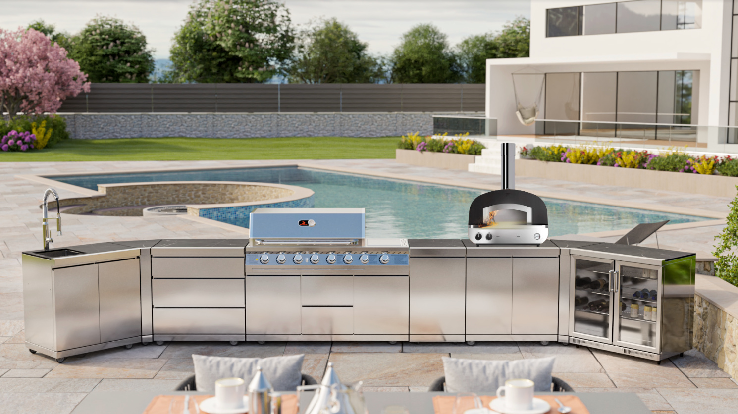 Whistler Cirencester Outdoor Kitchen 6 Burner BBQ, Sink and Fridge Stanton and Piero  Pizza oven