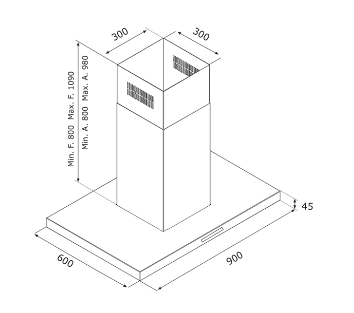 Airforce F200 90cm Black Steel & Black Glass Island Hood Integra Ready