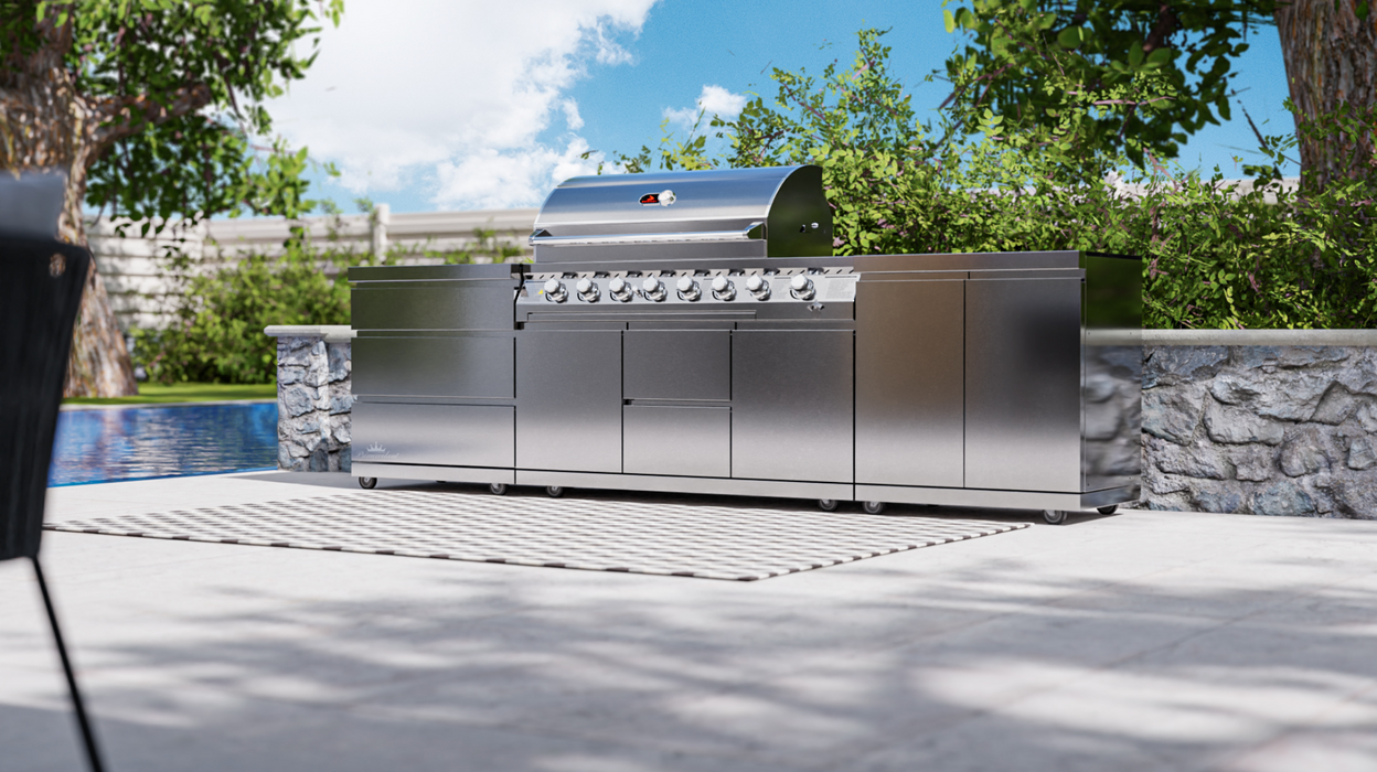 Whistler 6 burner 3 Piece Outdoor Kitchen Double Doors + Triple Drawer ( New Double line rounded Hood )
