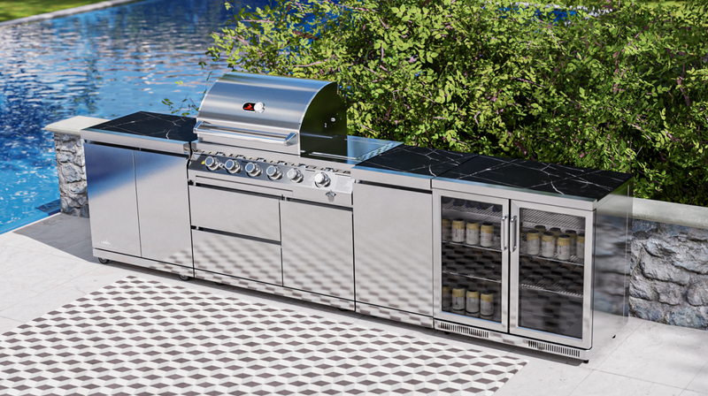 Whistler Outdoor Kitchen 4 Burner BBQ, Fridge, Double Doors and Gas Bottle Cabinet