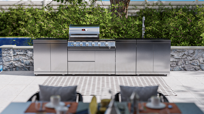 Whistler Outdoor Kitchen 4 Burner BBQ, Sink, Double Doors and Gas Bottle Cabinet