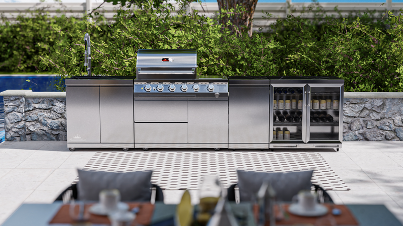 Whistler Outdoor Kitchen 4 Burner BBQ, Fridge, Sink and Gas Bottle Cabinet