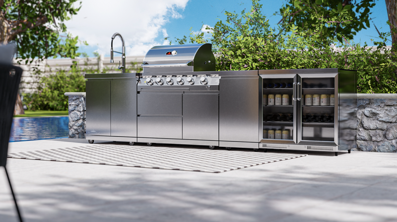 Whistler Outdoor Kitchen 4 Burner BBQ, Fridge, Sink and Gas Bottle Cabinet