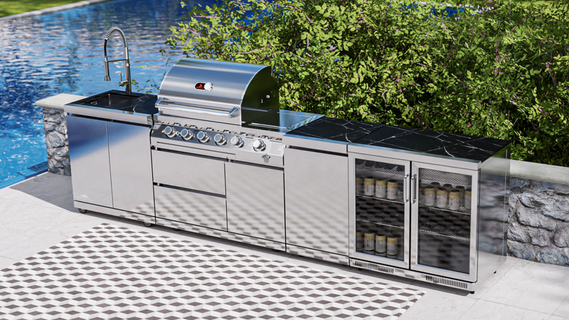 Whistler Outdoor Kitchen 4 Burner BBQ, Fridge, Sink and Gas Bottle Cabinet