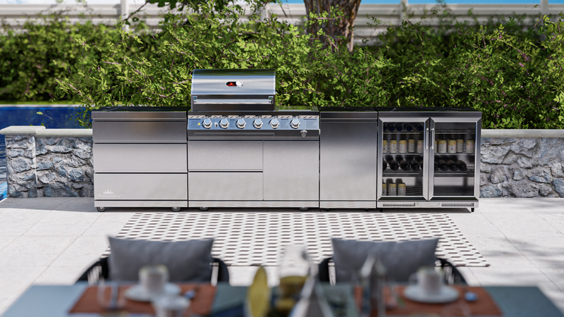 Whistler Outdoor Kitchen 4 Burner BBQ, Triple Drawer, Fridge and Gas Bottle Cabinet