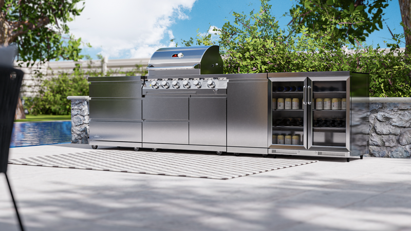 Whistler Outdoor Kitchen 4 Burner BBQ, Triple Drawer, Fridge and Gas Bottle Cabinet