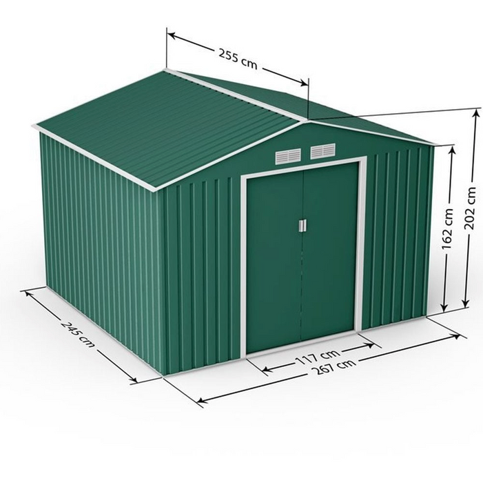 GREEN ORION APEX METAL SHED WITH FOUNDATION KIT 9X8