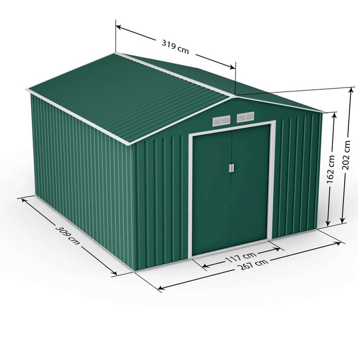 GREEN ORION APEX METAL SHED WITH FOUNDATION KIT 9X10