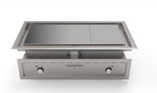 Grillandia Outdoor Kitchen L-Shape Drop-In Electric Plancha, Sink, Berta Multi Oven, Fridge, Double Drawer Fridge, and Primo XL