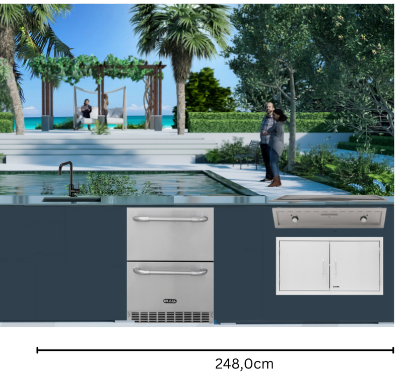 Grillandia Outdoor Kitchen L-Shape Drop-In Electric Plancha, Sink, Berta Multi Oven,Fridge, and  Primo XL
