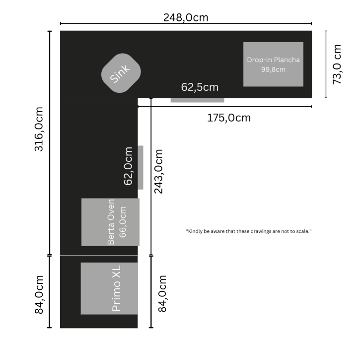 Grillandia Outdoor Kitchen L-Shape Drop-In Electric Plancha, Sink, Berta Multi Oven,Fridge, and  Primo XL