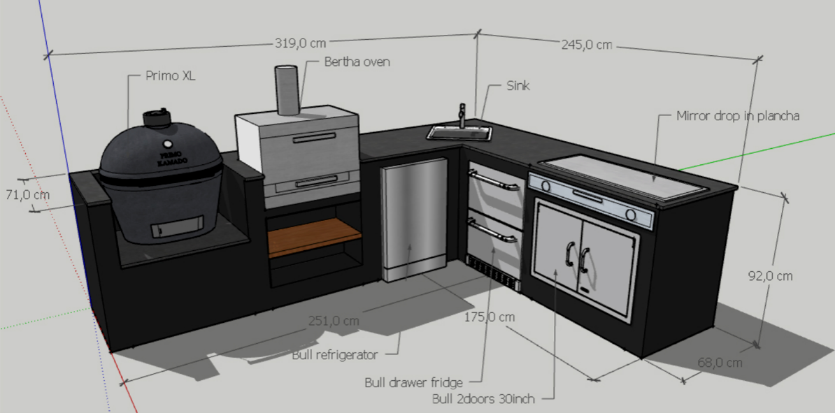 Outdoor Kitchen L-Shape Drop-In Electric Plancha + Sink + Berta Multi Oven +Fridge + Double Drawer Fridge + Primo XL