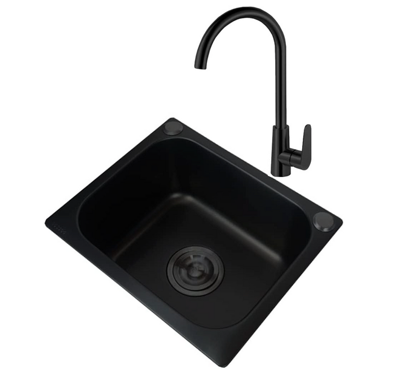 Black Sink Drop-In or Under-Mount With Elbow Faucet & Drain Assembly