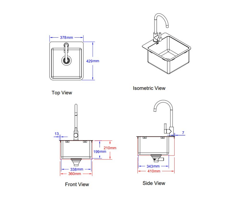 Bull Premium Stainless Steel Sink and Tap - 33x33cm