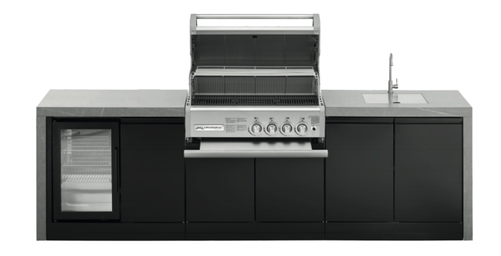 GrandPro Outdoor Kitchen with CrossRay 4 Burner BBQ, Sink, Fridge and WaterFall - 3.4m x 1.5m