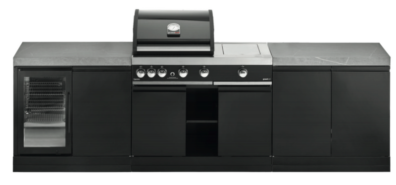 GrandPro Outdoor Kitchen with 3 Burner BBQ, Side Burner, and Fridge - 2.9m