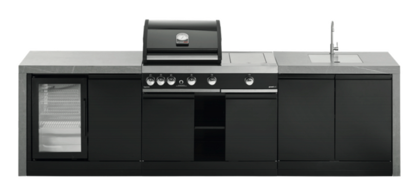 GrandPro Outdoor Kitchen with 3 Burner BBQ, Side Burner, Fridge, Sink and Water Fall - 3.6m x 1.5m