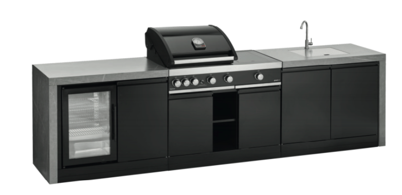 GrandPro Outdoor Kitchen with 3 Burner BBQ, Side Burner, Fridge, Sink and Water Fall - 3.6m x 1.5m