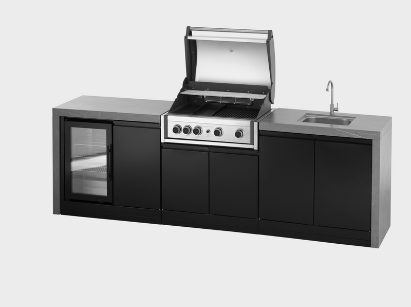 GrandPro Outdoor Kitchen with Elite Pro 4 Burner BBQ, Fridge, Sink and WaterFall - 3.4m