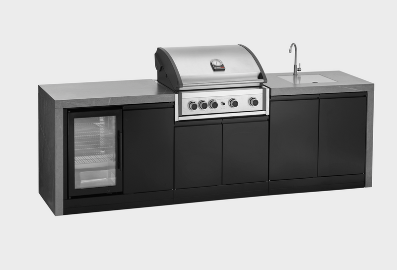 GrandPro Outdoor Kitchen with Elite Pro 4 Burner BBQ, Fridge, Sink and WaterFall - 3.4m